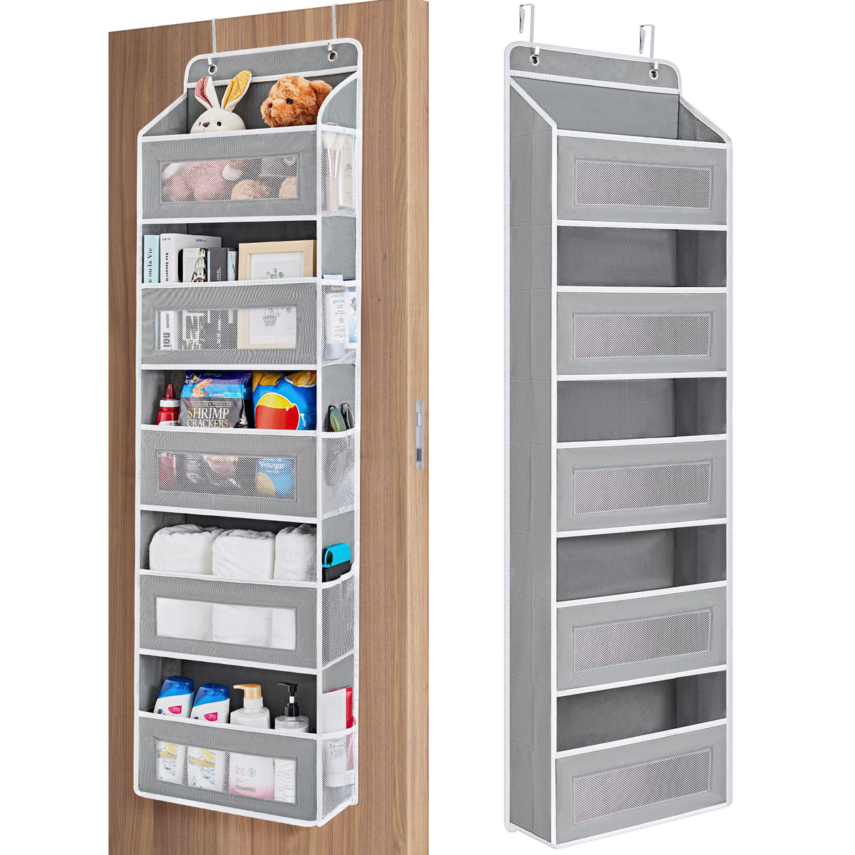 JARLINK over-the-door organizer with five grey pockets for toy storage