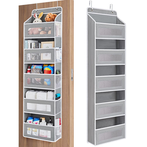 JARLINK over-the-door organizer with five grey pockets for toy storage