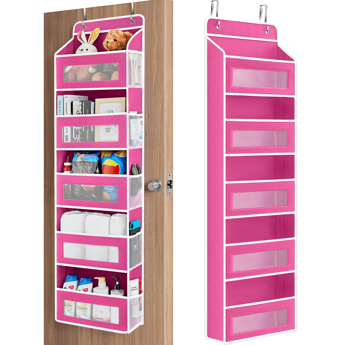 Jarlink over-the-door organizer with five rose pink shelves for clutter-free bedroom storage