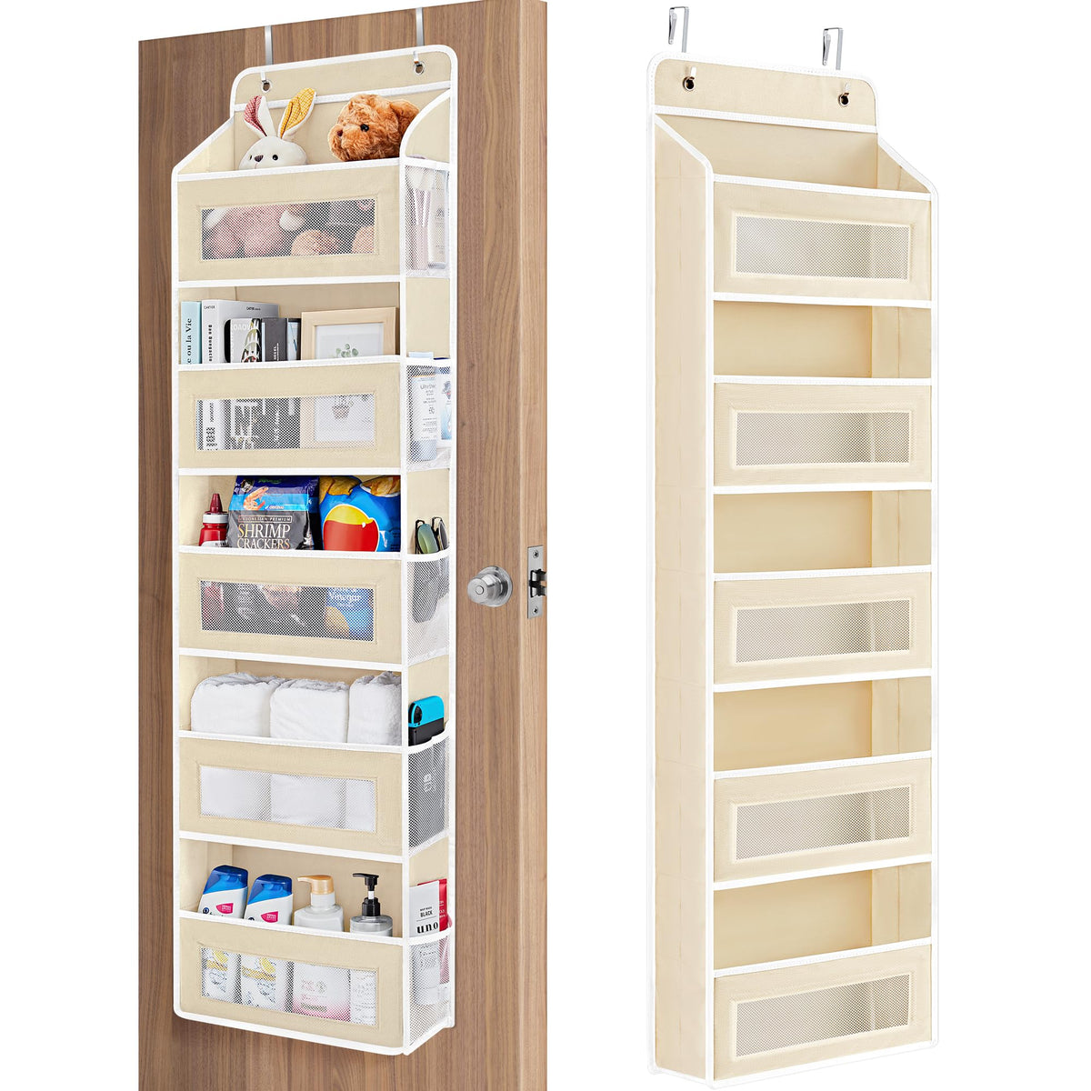 Jarlink beige over-the-door organizer hanging on a bedroom door for tidy storage.