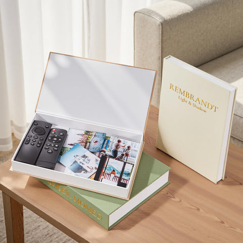 JARLINK three-sizes decorative books arranged on shelf create versatile styling.