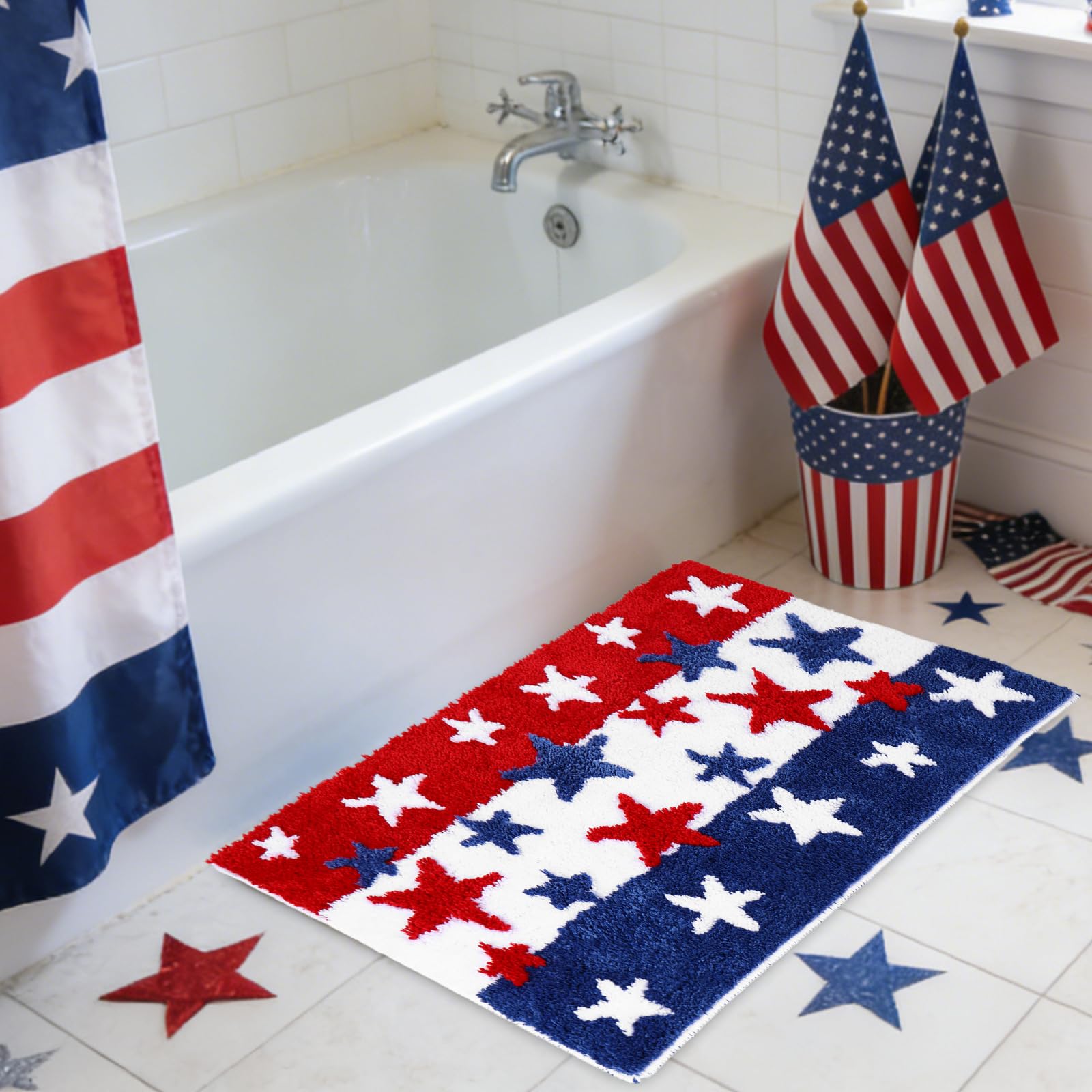 JarThenaAMCS bath mat 19.7 x 31.5 inch with patriotic star design.