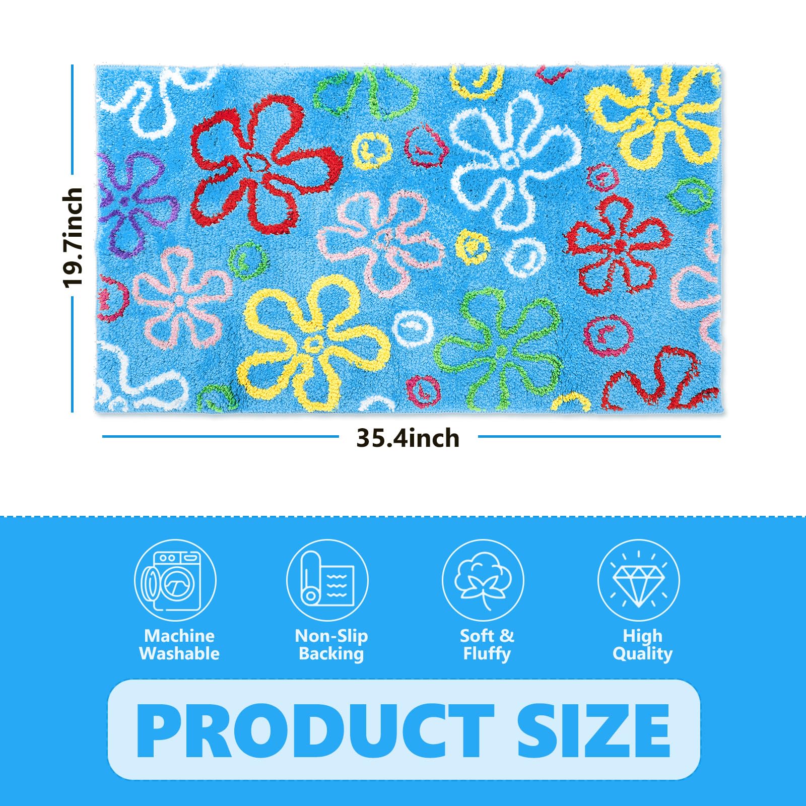 JarThenaAMCS bath rug blue background featuring playful bikini flower bubbles in entryway or bath