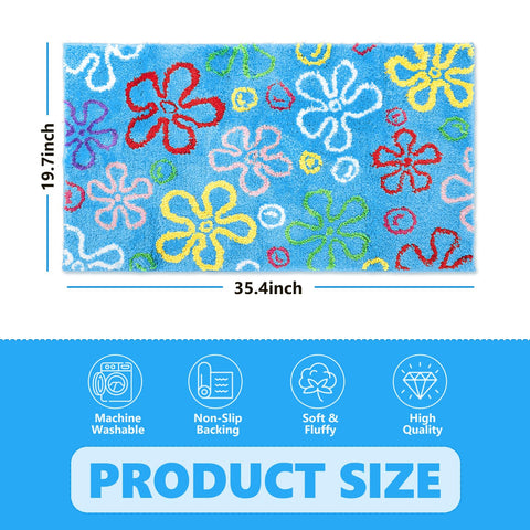 JarThenaAMCS bath rug blue background featuring playful bikini flower bubbles in entryway or bath