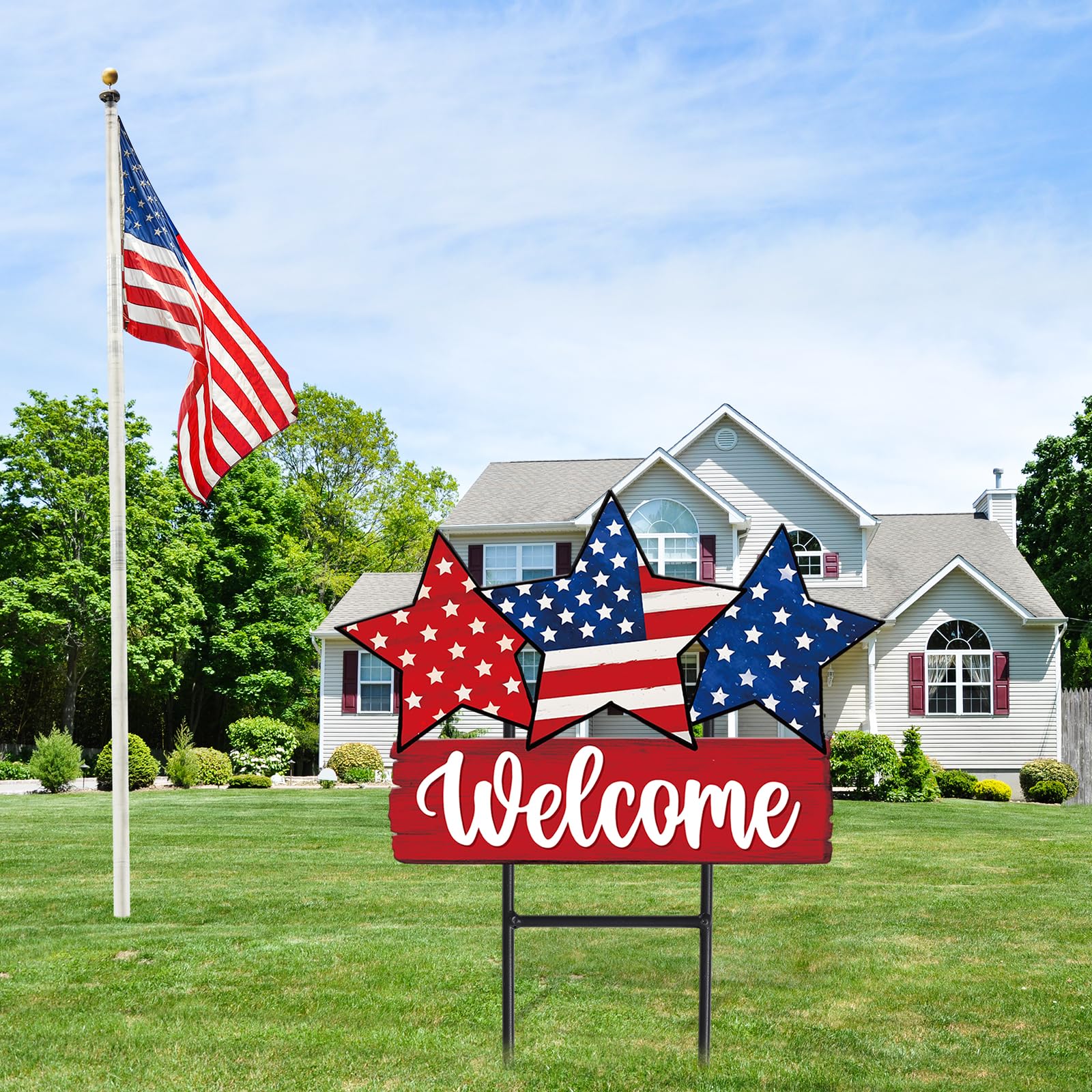 JarThenaAMCS Independence Day garden decor with red, white, blue hues for festive yards