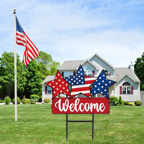 JarThenaAMCS Independence Day garden decor with red, white, blue hues for festive yards