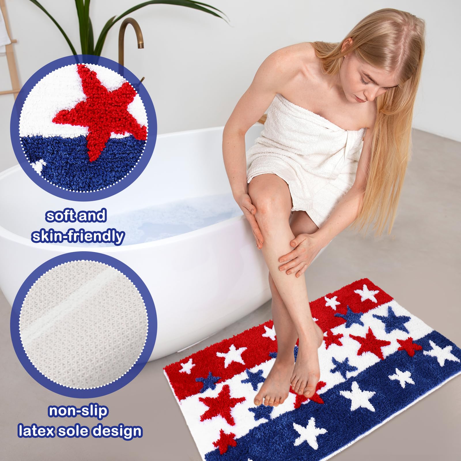 JarThenaAMCS patriotic floor mat with non-slip backing improves bathroom safety on wet floors.