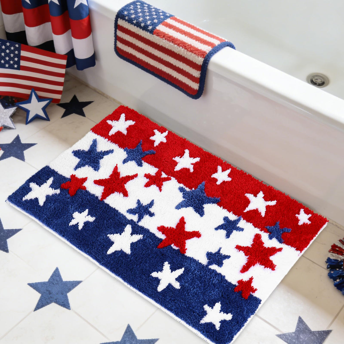 JarThenaAMCS patriotic bath mat with red, white, blue stars enhances bathroom décor and safety.