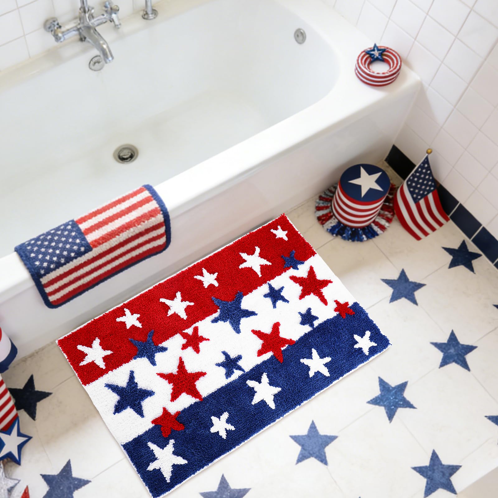 JarThenaAMCS red white blue star rug perfect for 4th of July home décor.