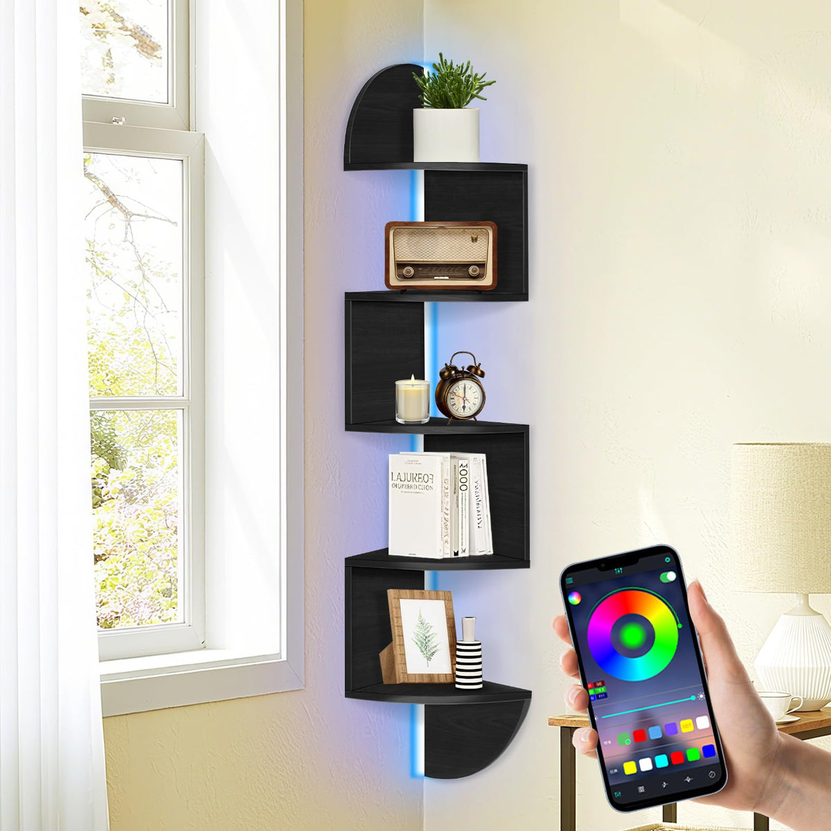 Jasenlove corner shelf with wall-mounted lighting for customizable mood lighting.
