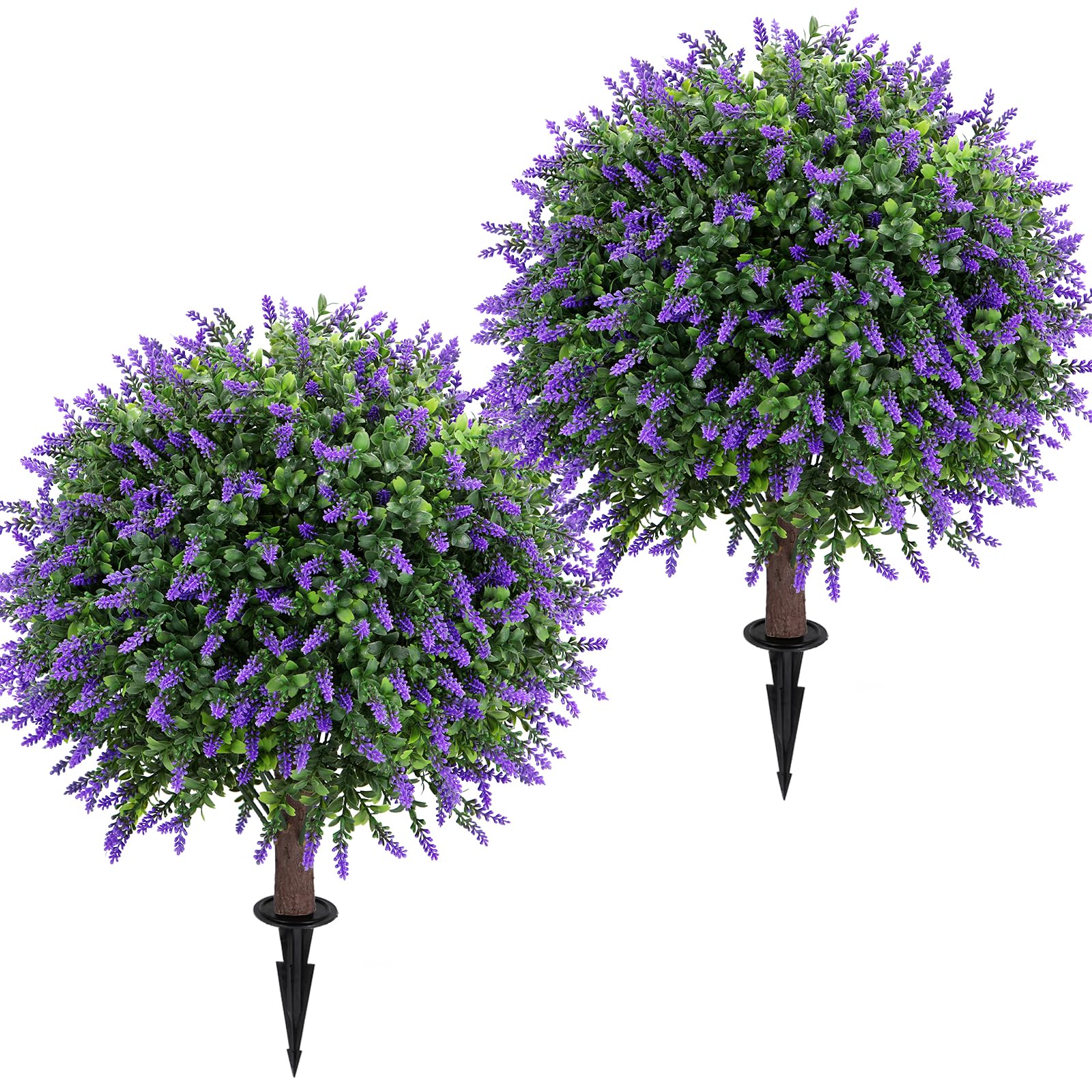 Jasmpig artificial lavender ball tree with ground spike for easy outdoor placement.