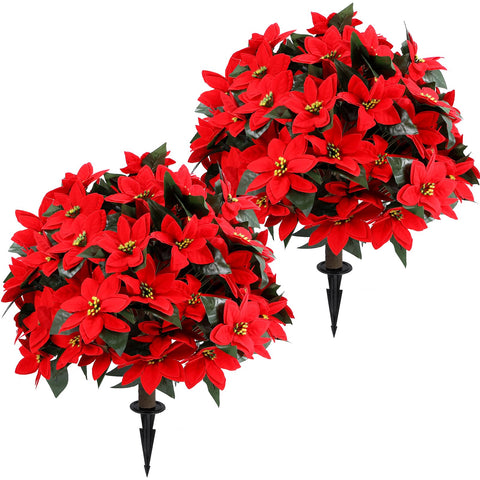Jasmpig artificial poinsettia ball tree 27in with ground spike for stable placement.