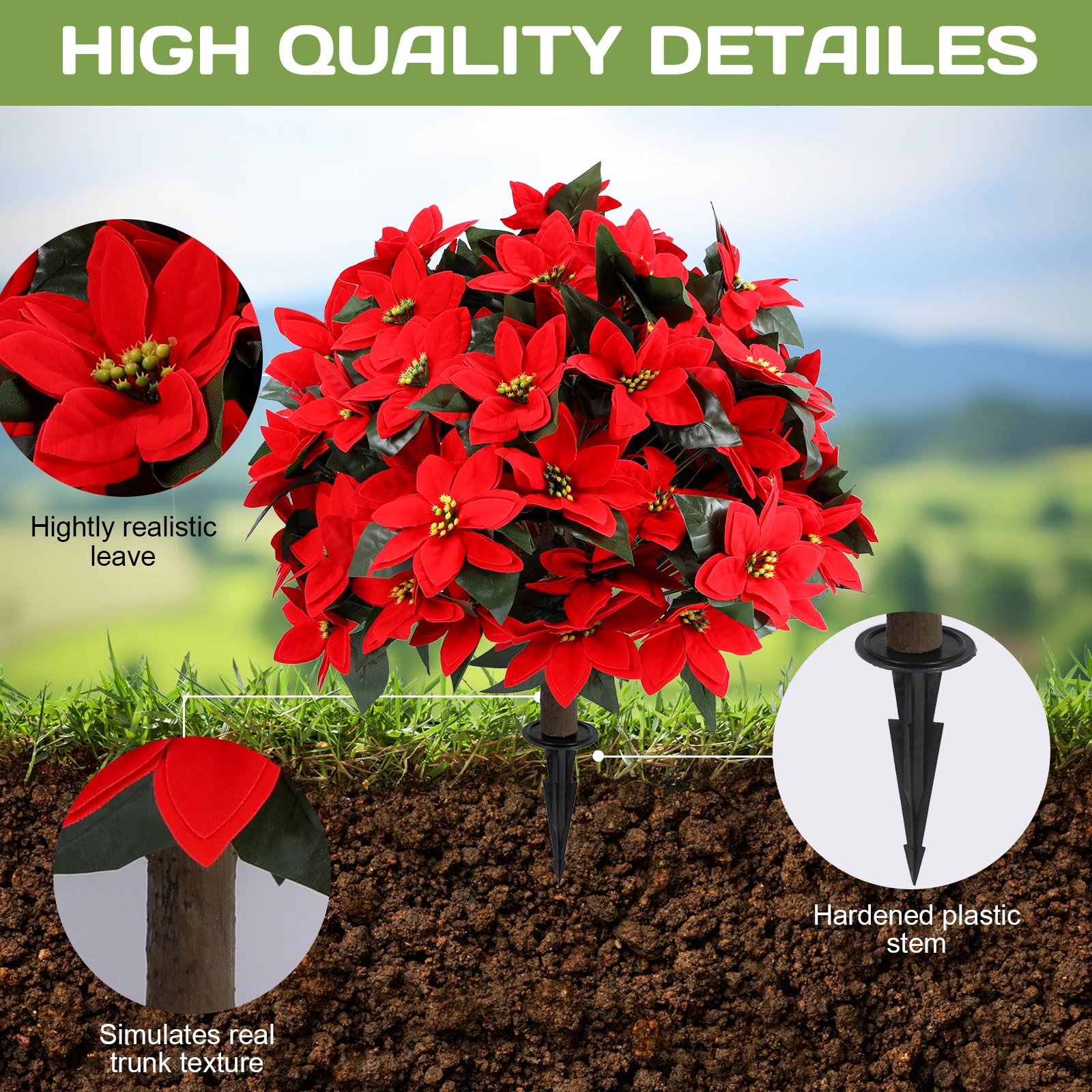 Jasmpig poinsettia topiary leaves detail for a lifelike look.
