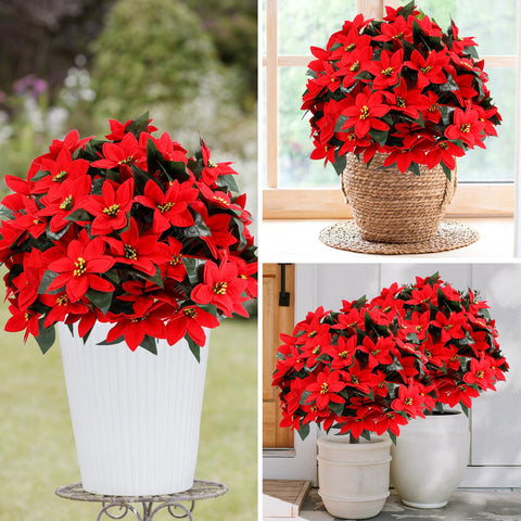 Jasmpig poinsettia topiary ball outdoors UV resistant material.