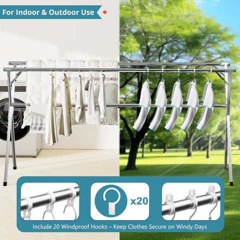 JAUREE drying rack retractable-rods enables versatile load arrangement for shirts and pants.