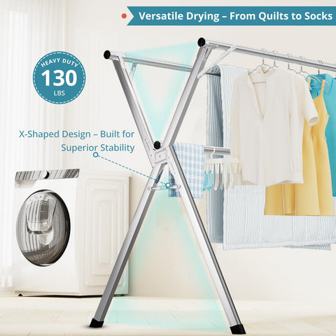 JAUREE drying rack sturdy-frame emphasizes heavy-duty support for bulky items.