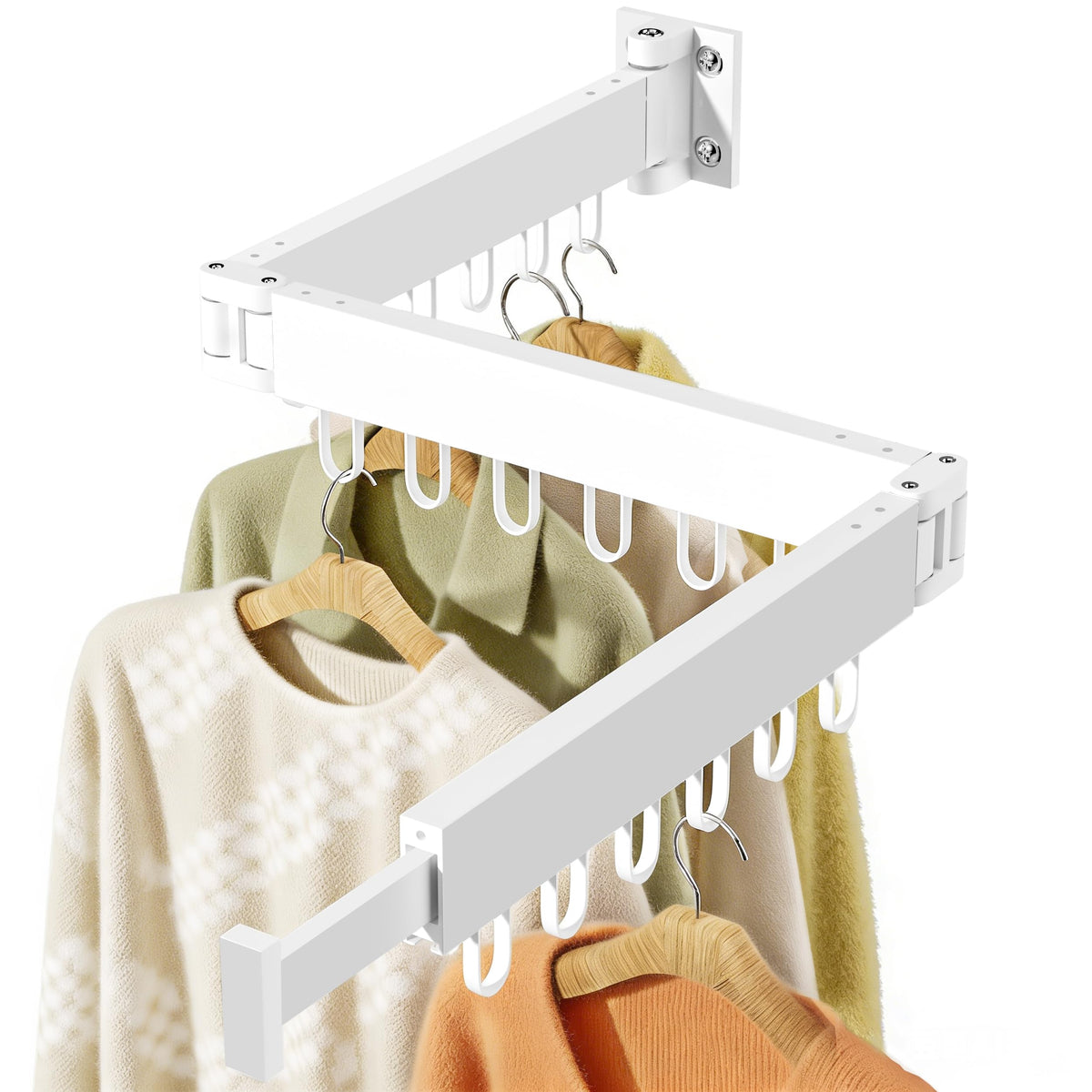JAUREE wall-mounted drying rack with extended arms provides 51 inches of drying space.