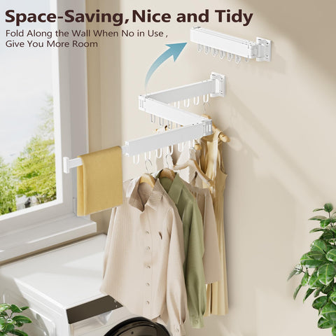JAUREE wall-mounted drying rack folded against wall for compact storage.