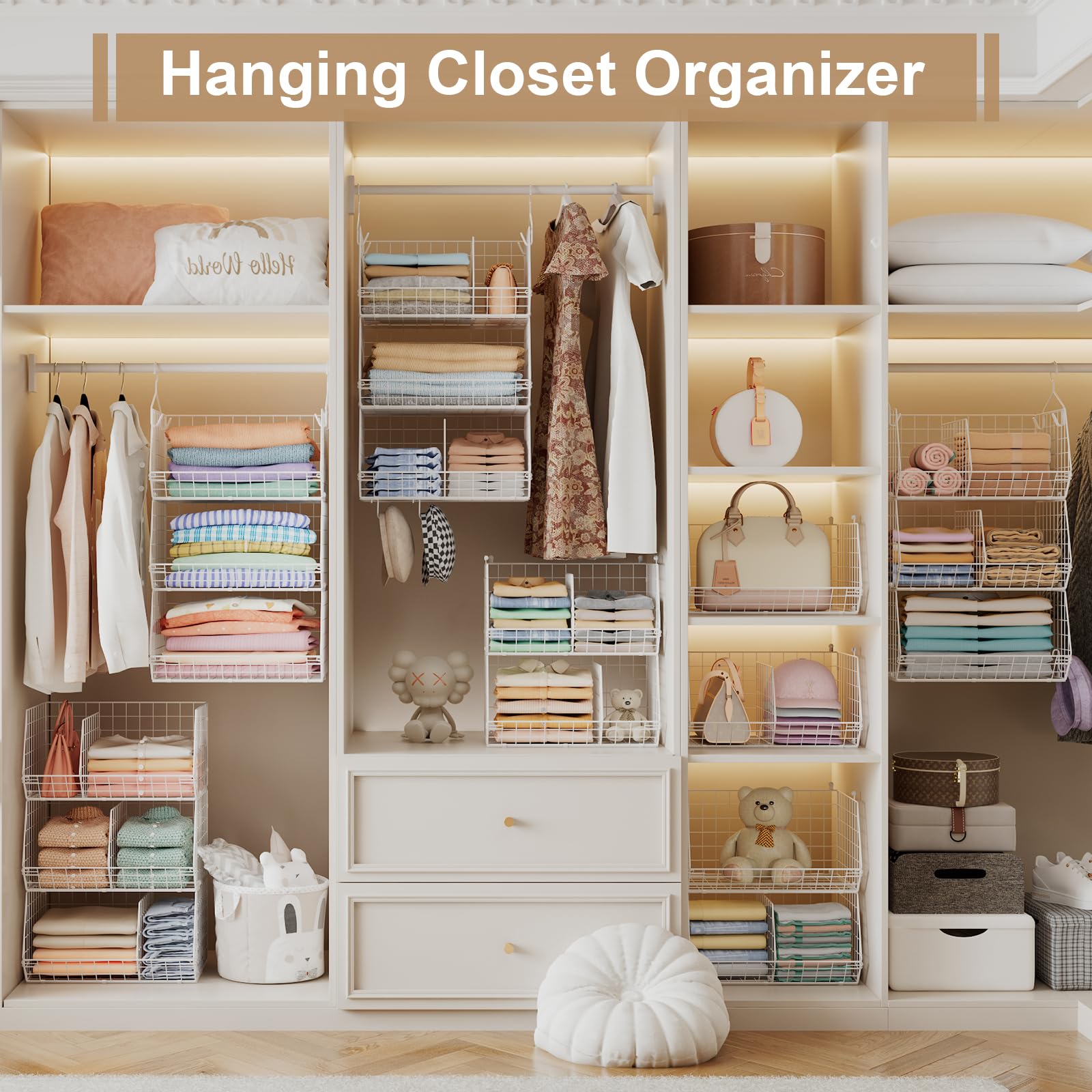 Closet storage solution ready to use on rod or wall