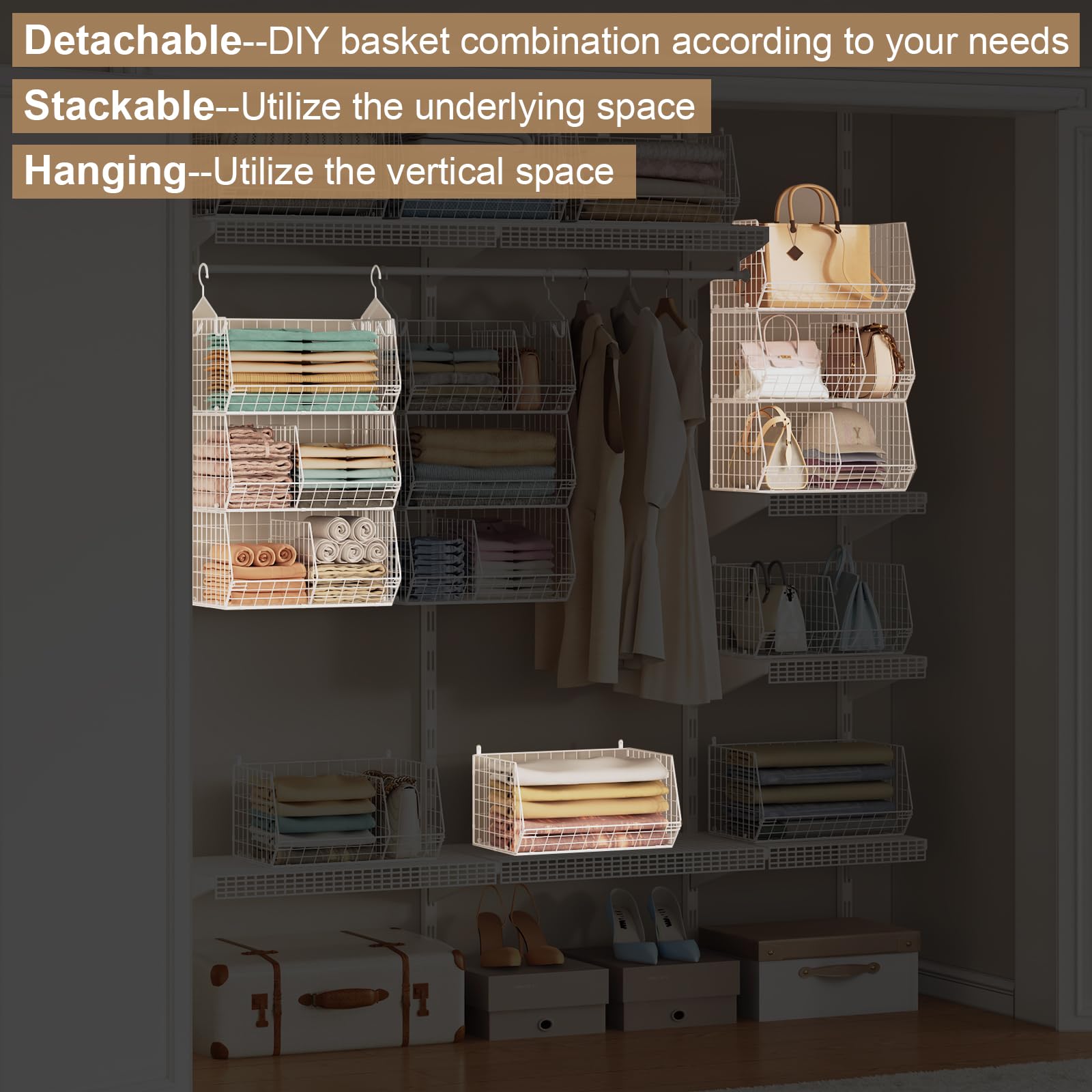 Durable metal wire baskets provide sturdy organization for clothes or toys