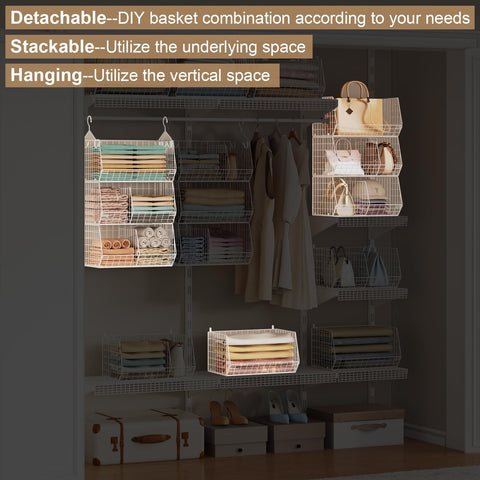 Durable metal wire baskets provide sturdy organization for clothes or toys