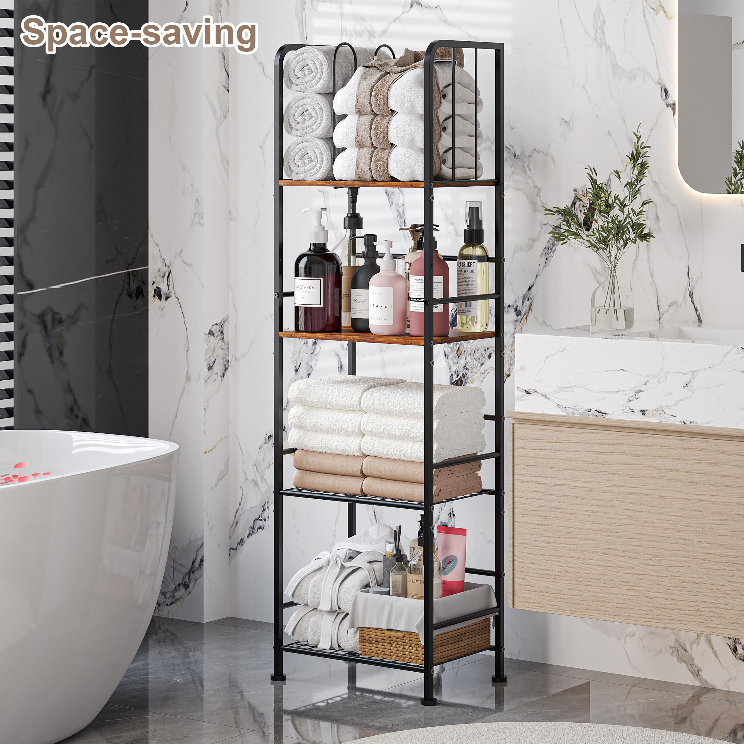 Rustic black finish on the Jautokerdar towel rack adds stylish bathroom appeal.