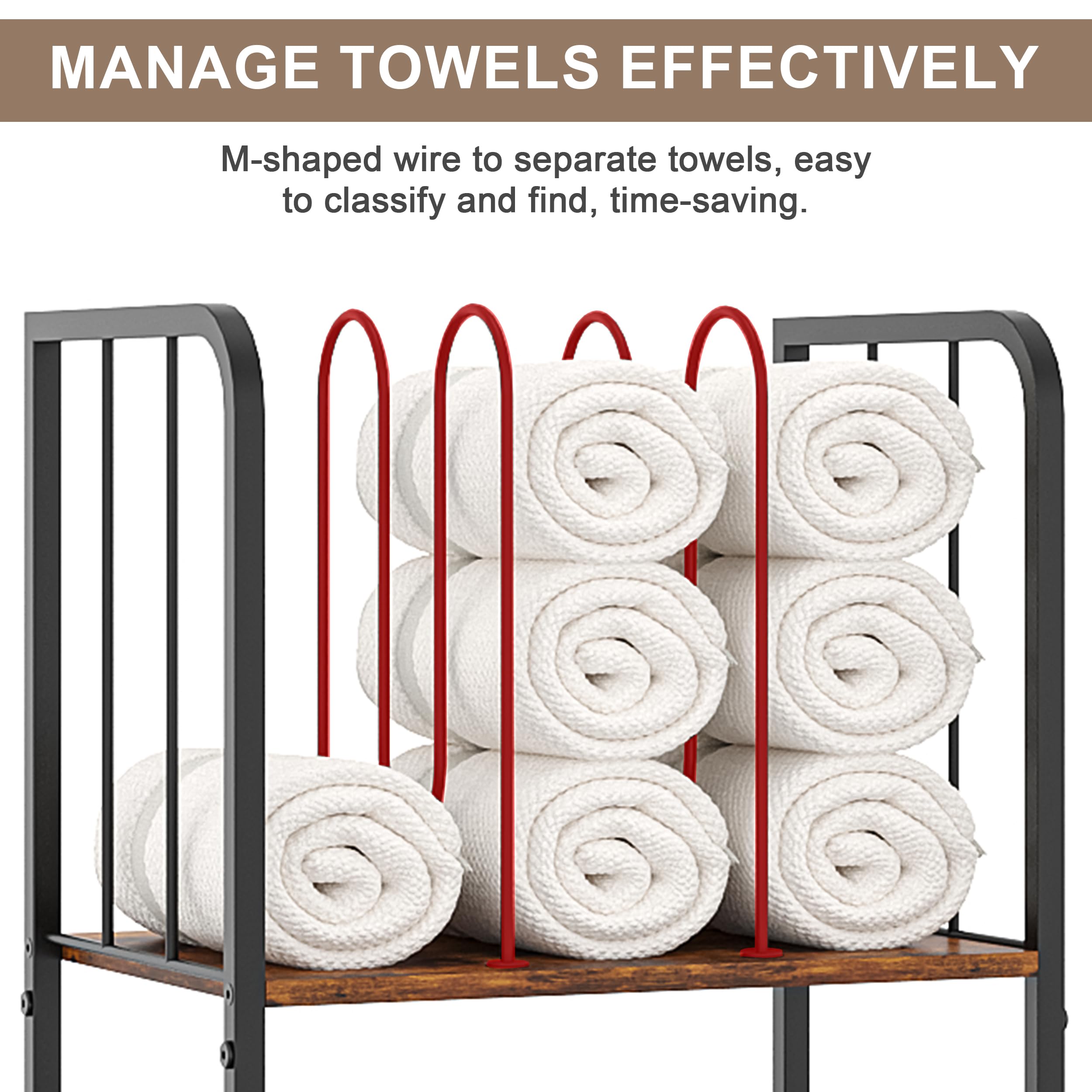 Jautokerdar towel rack top shelf with U-shaped dividers for easy towel access.
