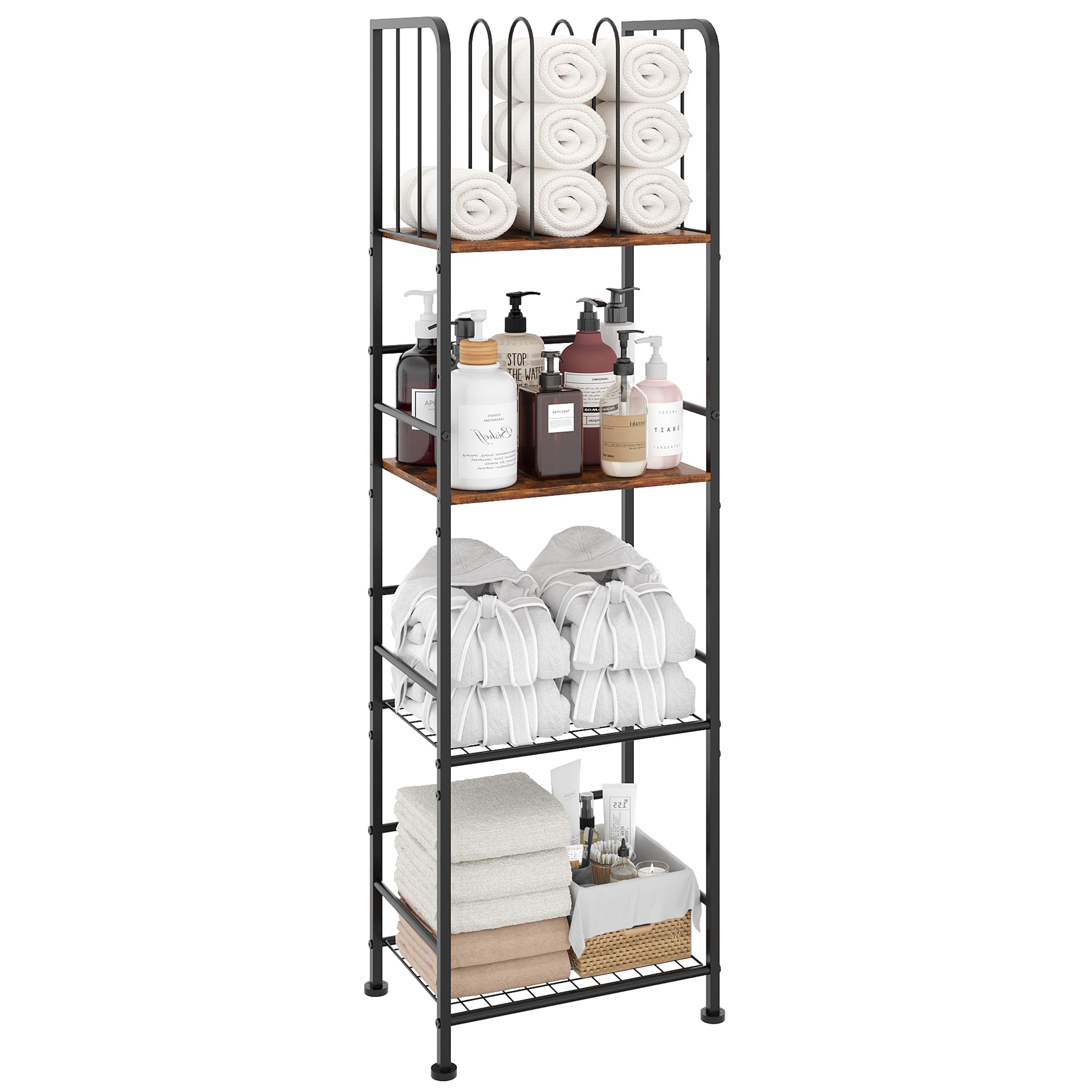 Jautokerdar towel rack enables organized storage for towels and toiletries.