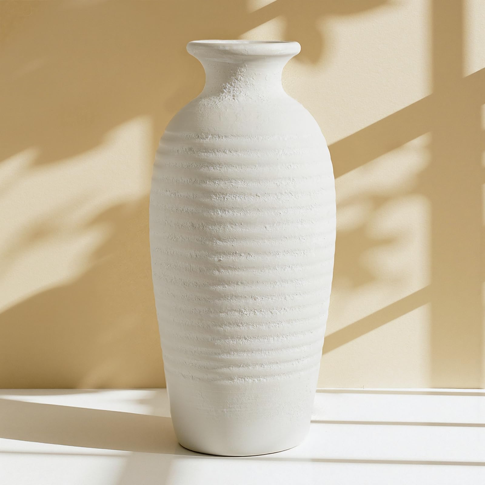 Jaxoriel rustic ceramic threaded white vase, 14.4 inches tall, ideal for bold centerpieces.