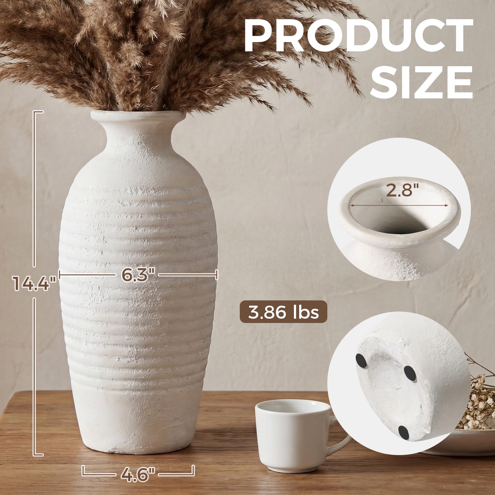 Close-up texture detail highlights handcrafted threading on the white ceramic vase.