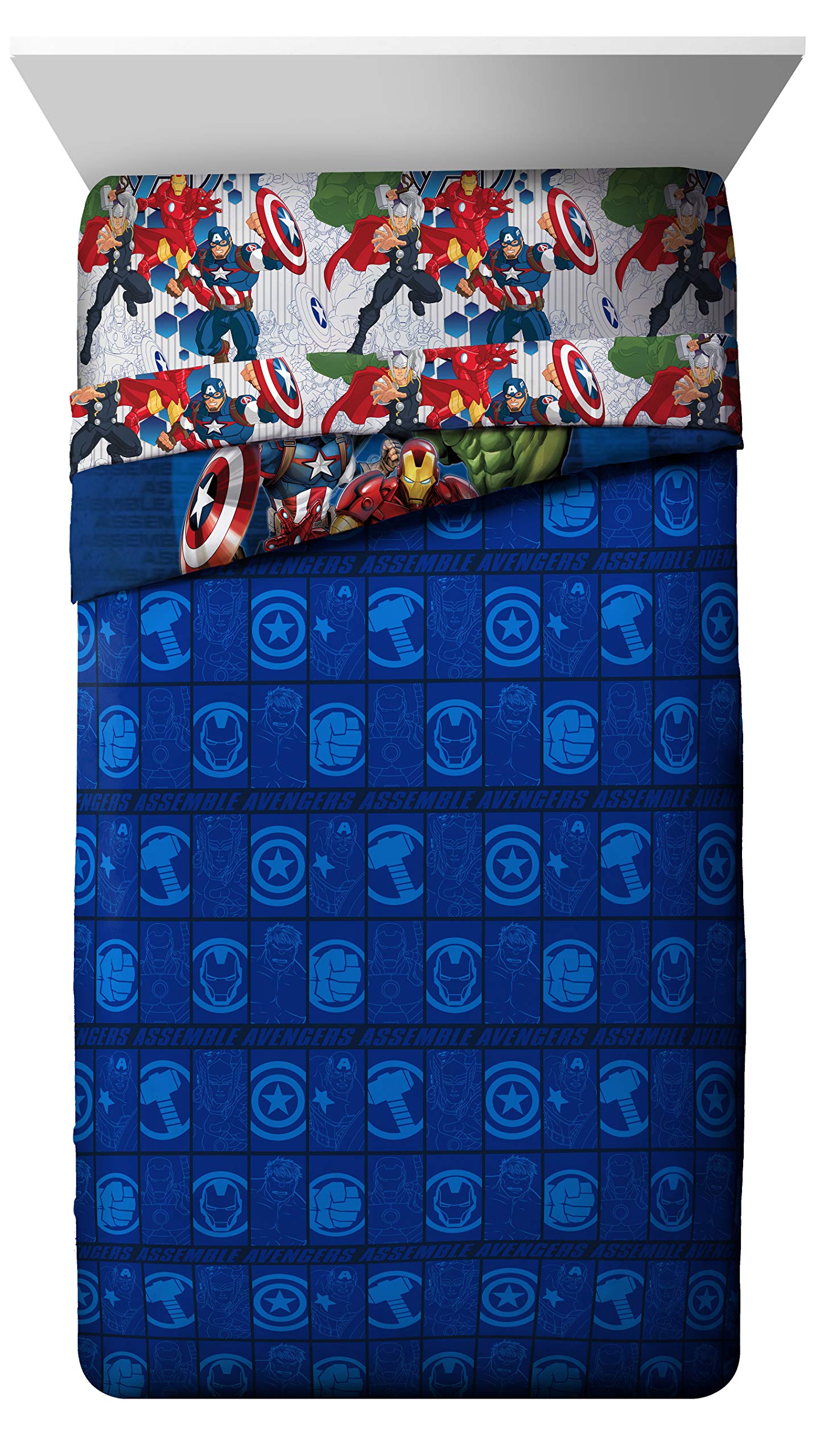 Jay Franco Avengers blue circle flat sheet highlights breathable comfort for nights.