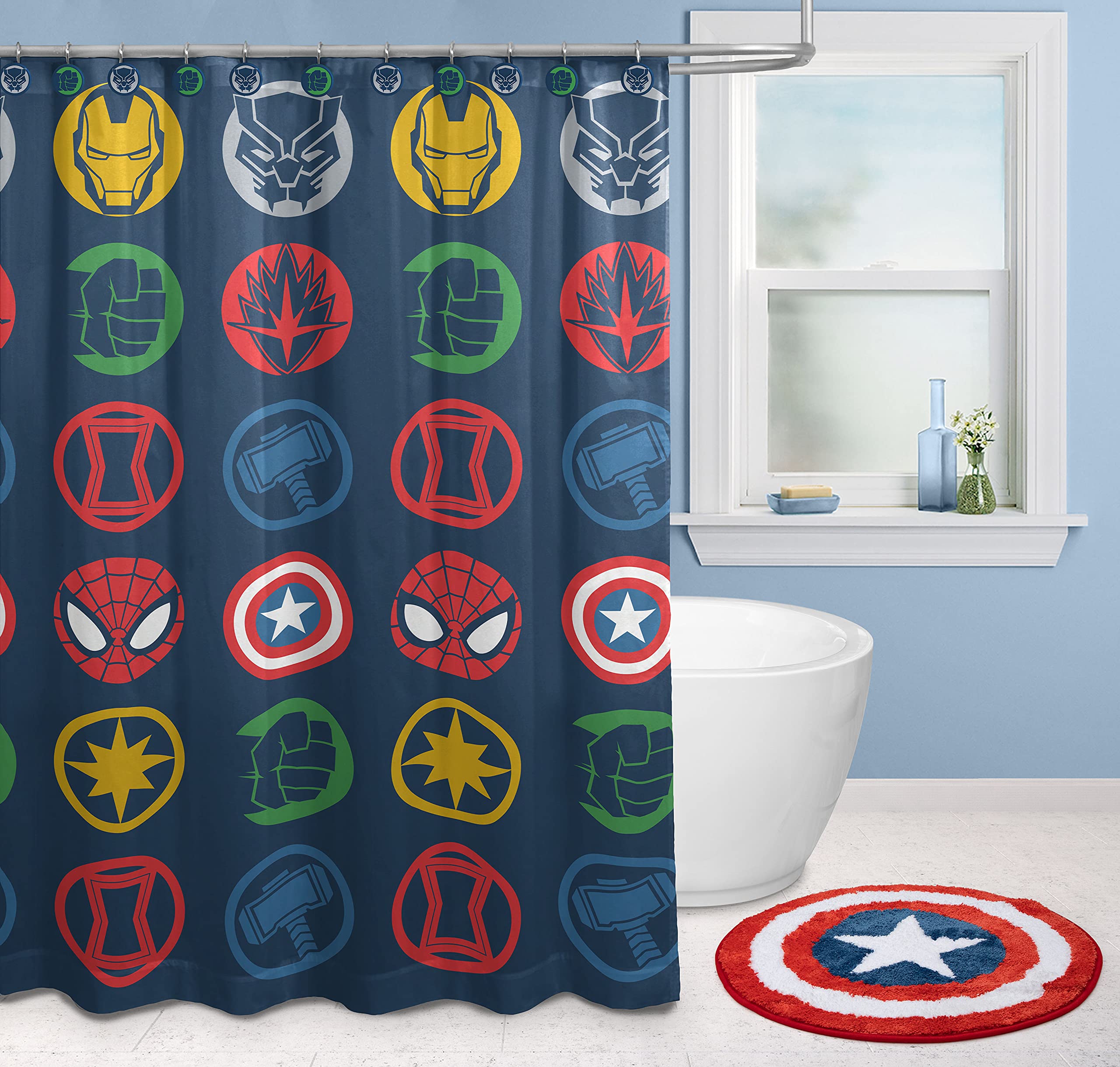Jay Franco Avengers Shields bathroom setup shows complete 14-piece collection in action