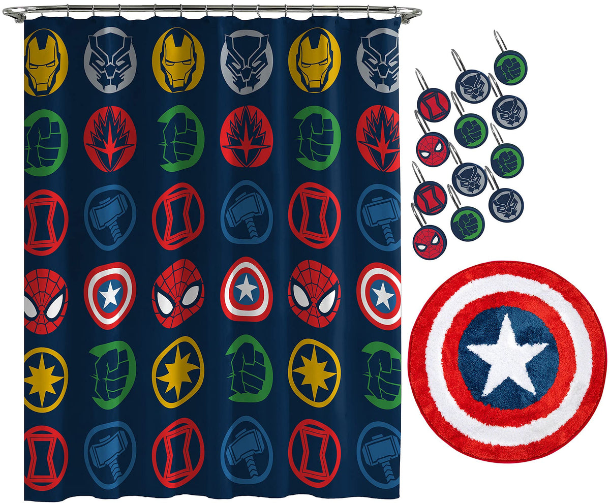 Jay Franco Avengers Shields shower curtain with bold, iconic logos for dramatic bathroom styling
