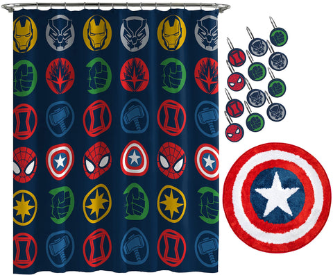 Jay Franco Avengers Shields shower curtain with bold, iconic logos for dramatic bathroom styling