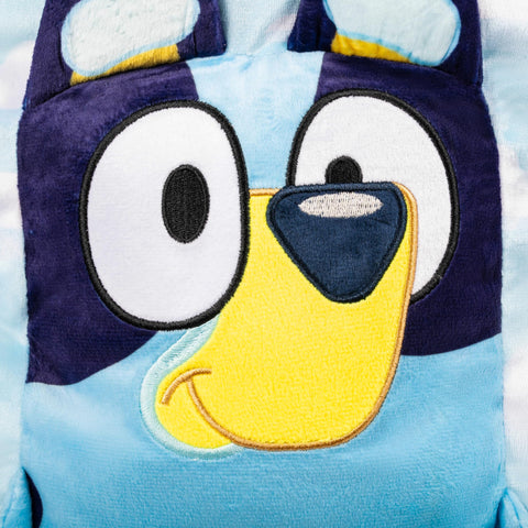 Jay Franco Bluey 3D snuggle pillow close-up, shows vibrant colors and plush texture.