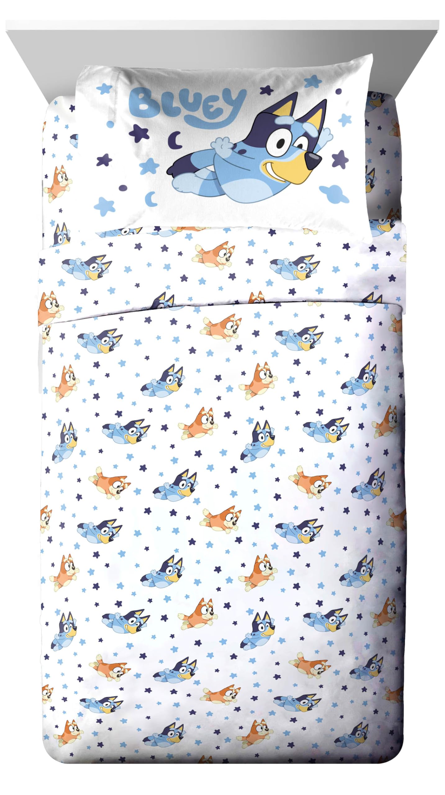 Bluey & Bingo flat sheet with clouds and stars for easy bed setup.