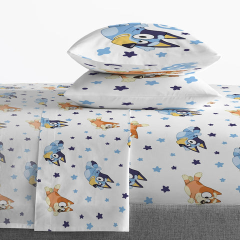 Bluey & Bingo pillowcase with clouds and stars for quick bed changes.