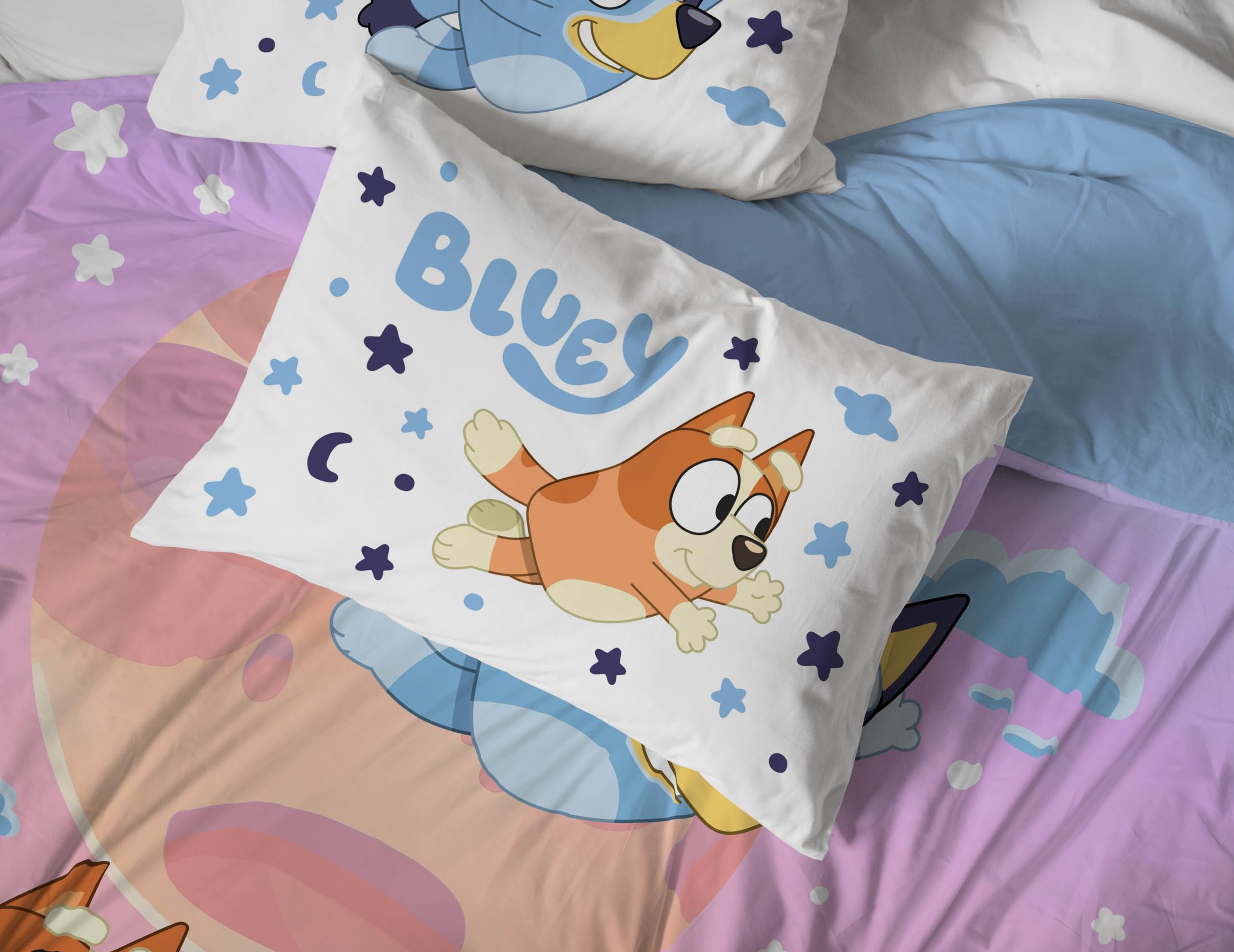 Bluey & Bingo second pillowcase with clouds and stars for coordinated look.