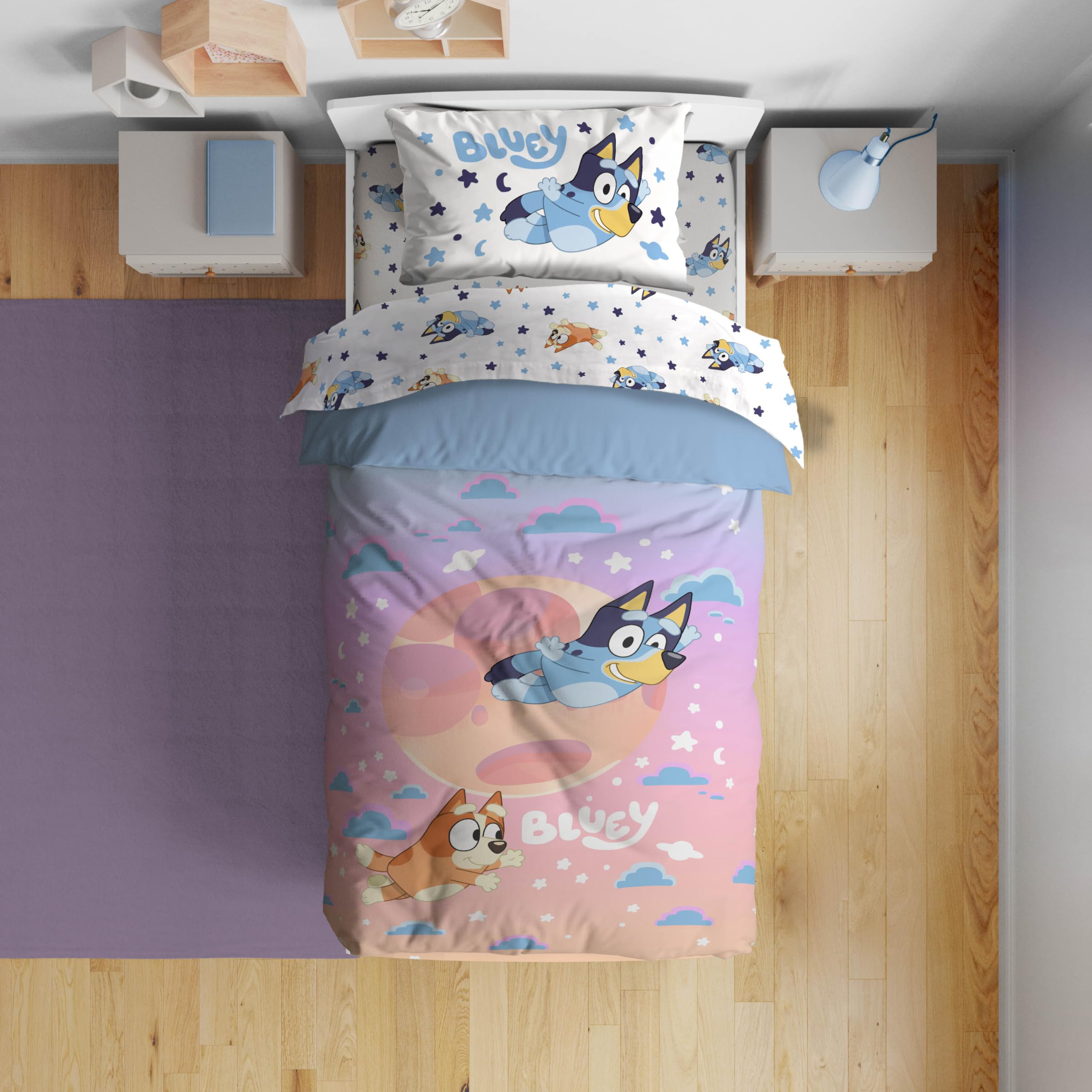Bluey & Bingo second sham with clouds and stars for balance in design.