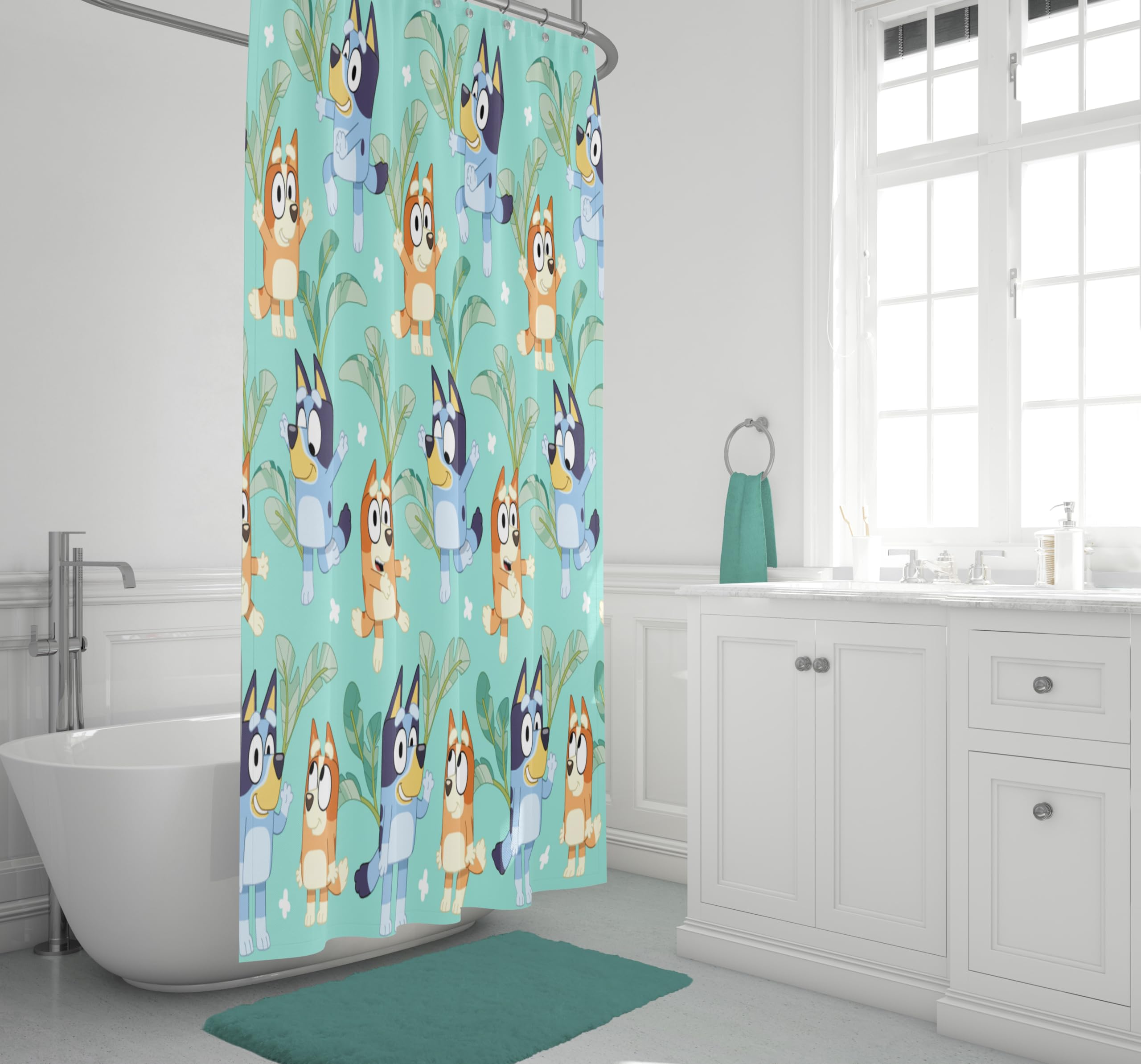 Jay Franco Bluey and Bingo curtain dimensions 70 by 72 inches fit standard showers.