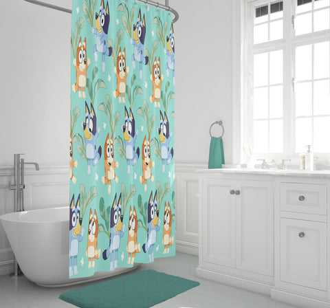 Jay Franco Bluey and Bingo curtain dimensions 70 by 72 inches fit standard showers.