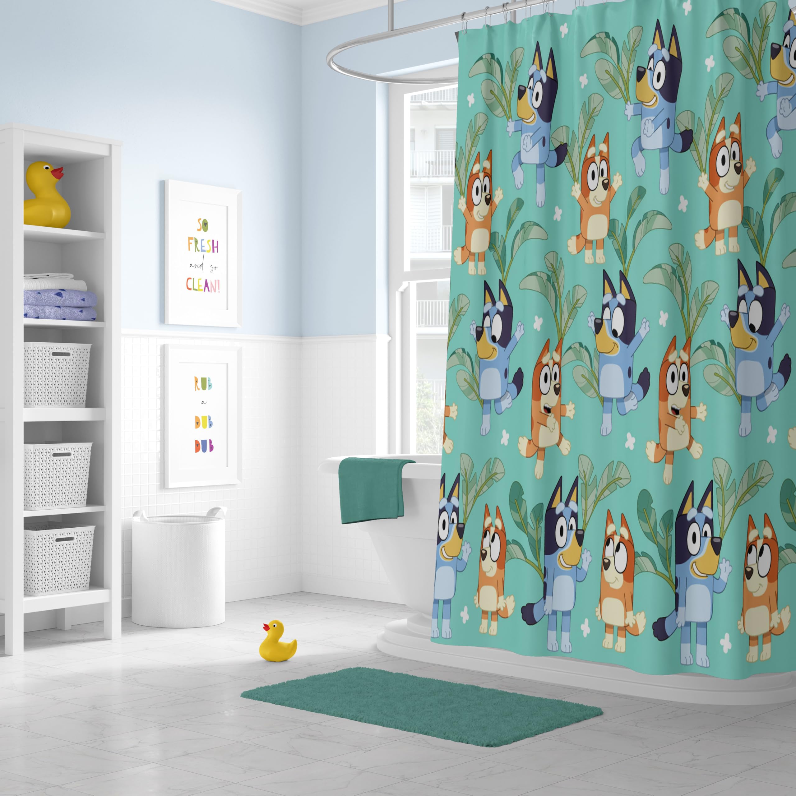 Jay Franco Bluey and Bingo shower curtain teal close-up microfiber texture for durability.