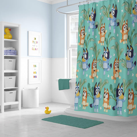 Jay Franco Bluey and Bingo shower curtain teal close-up microfiber texture for durability.