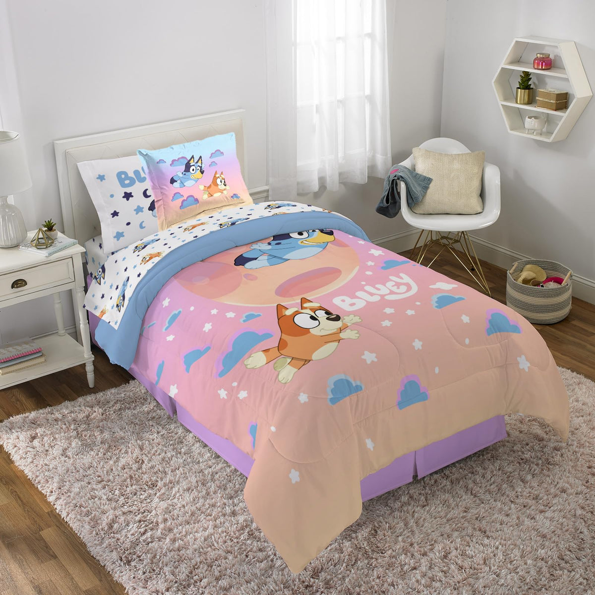 Jay Franco Bluey Bingo twin comforter closeup shows soft microfiber texture.