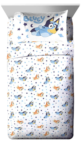 Jay Franco Bluey Bingo twin flat sheet set shown flat for generous sizing.