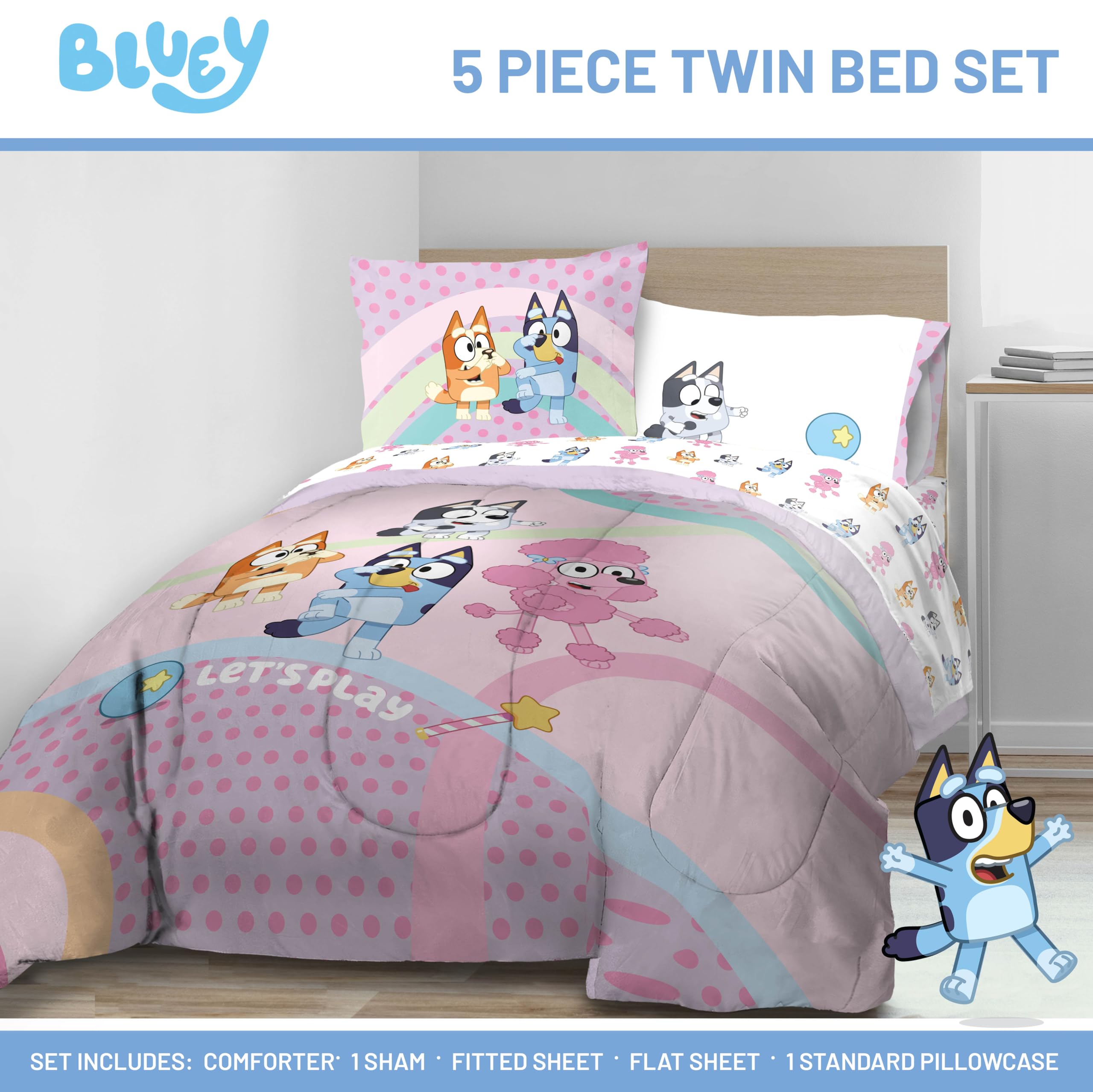 Jay Franco Bluey fitted sheet 39x75x10 provides a snug twin bed fit.