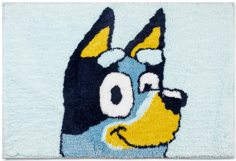 Jay Franco Bluey bath rug; plush microfiber and non-slip backing for safety.