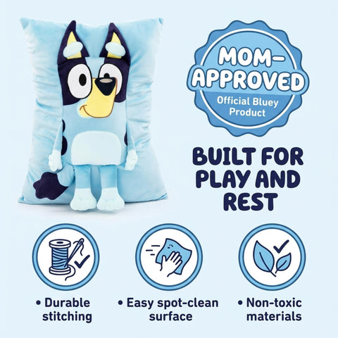 Jay Franco Bluey Snuggle Pillow displayed on a bed for bedtime comfort