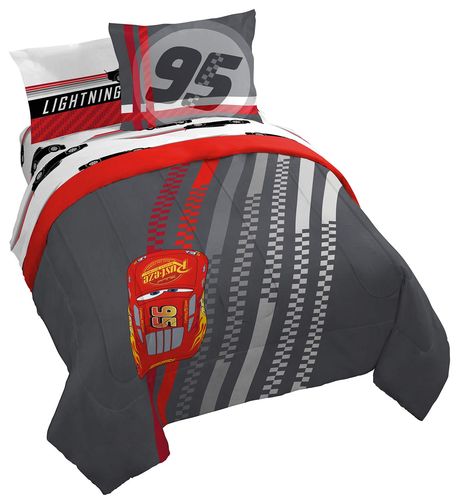 Jay Franco Cars Race Ready queen bed set hero view with Lightning McQueen for excitement