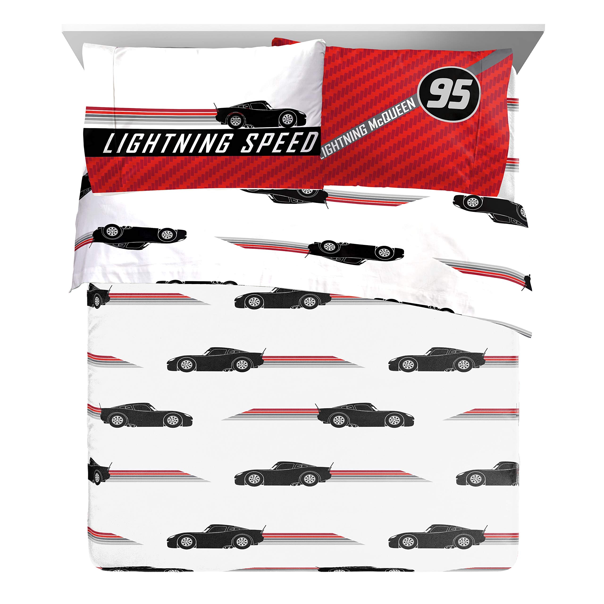 Jay Franco Cars Race Ready sheet set in coordinated colors for easy care